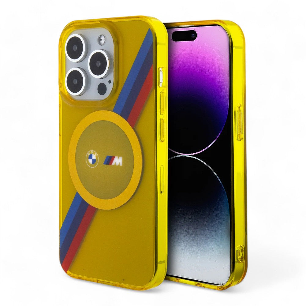 Estuche Bmw MagSafe iPhone 15 Pro Tricolor Stripes Color Amarillo