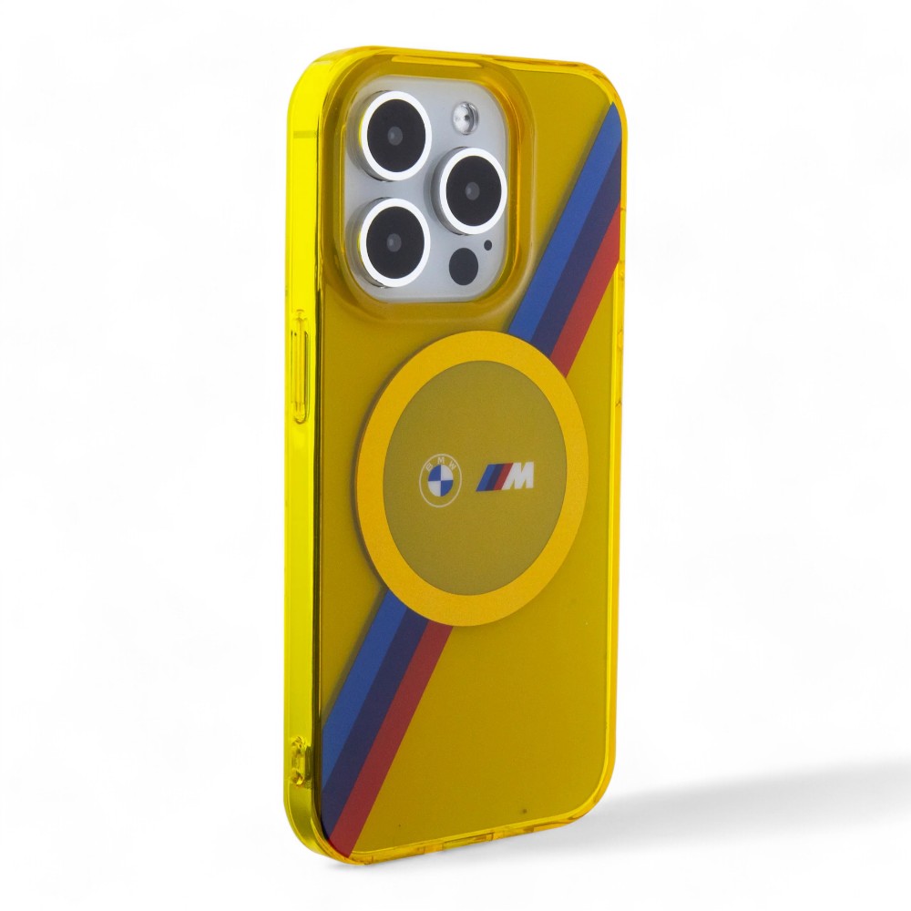 Estuche Bmw MagSafe iPhone 15 Pro Tricolor Stripes Color Amarillo