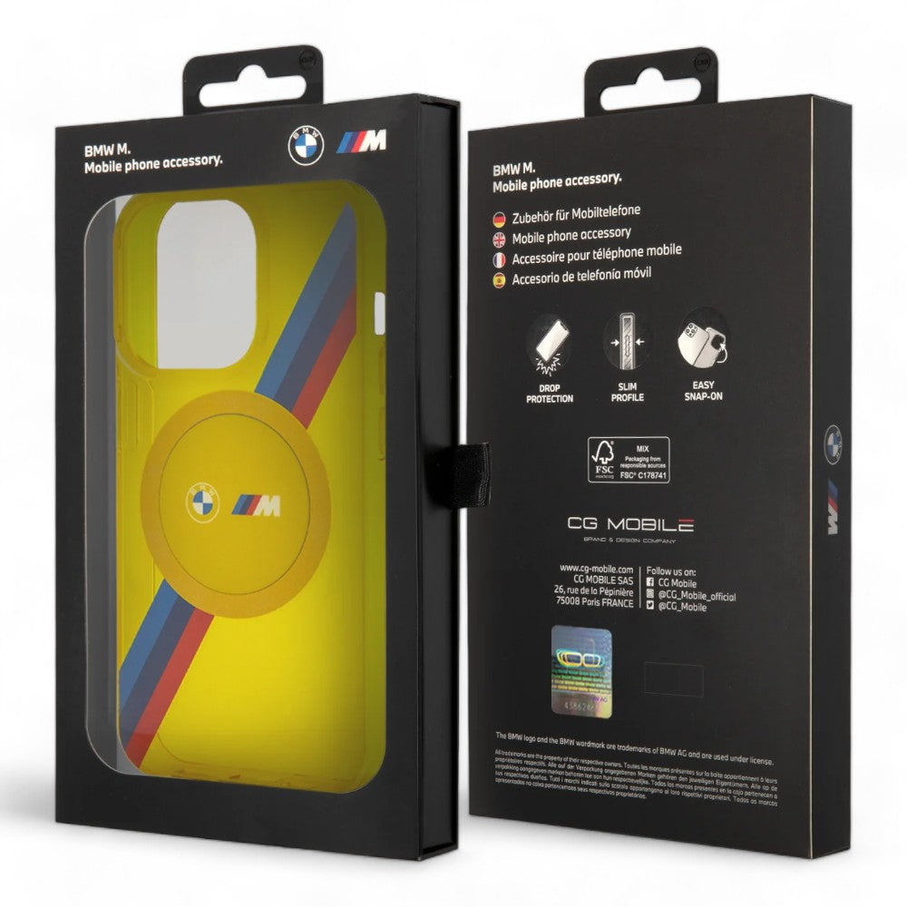 Estuche Bmw MagSafe iPhone 15 Pro Tricolor Stripes Color Amarillo