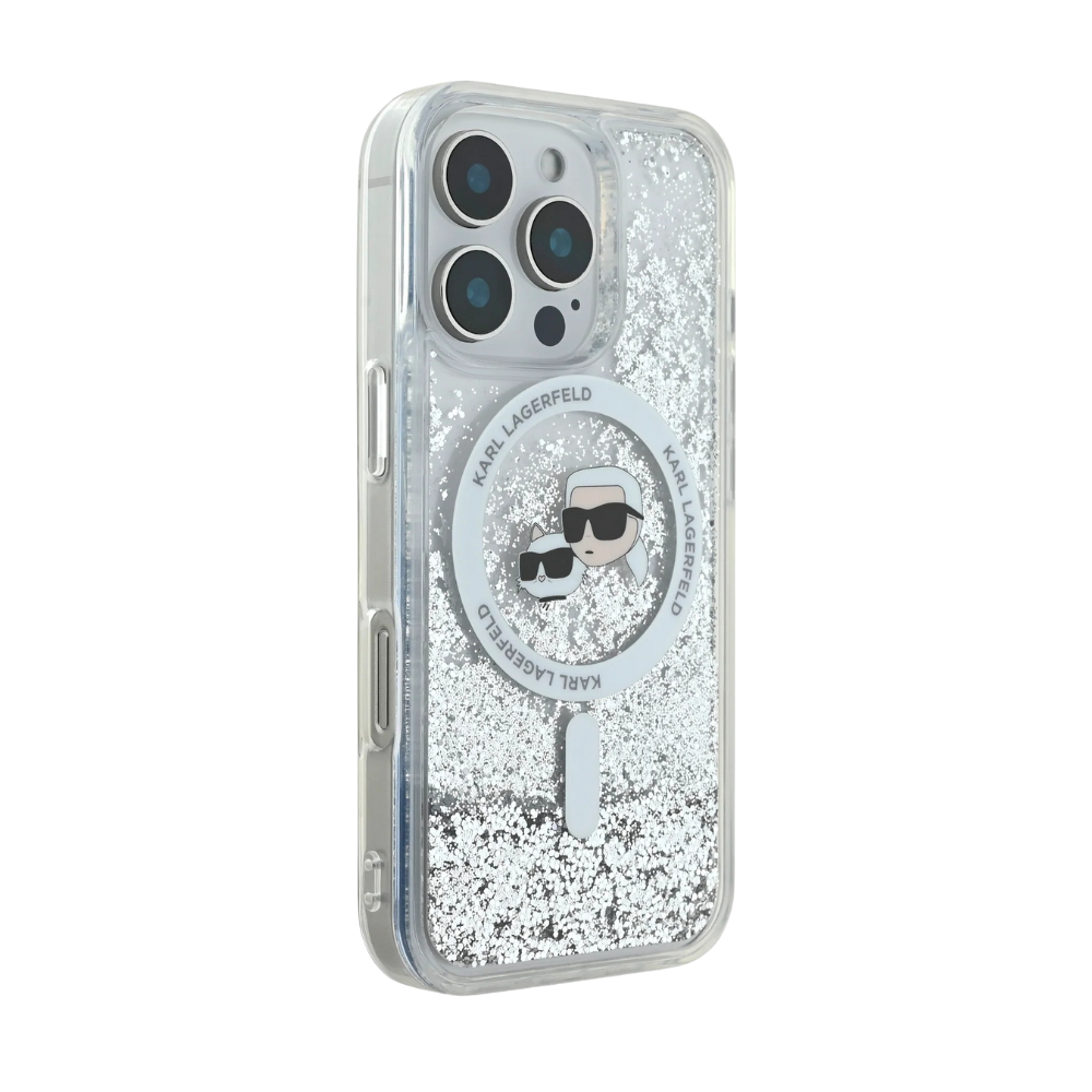 Estuche Karl Lagerfeld Hc MagSafe Liq. Glitter Kc Heads Transparent para iPhone 16 Pro