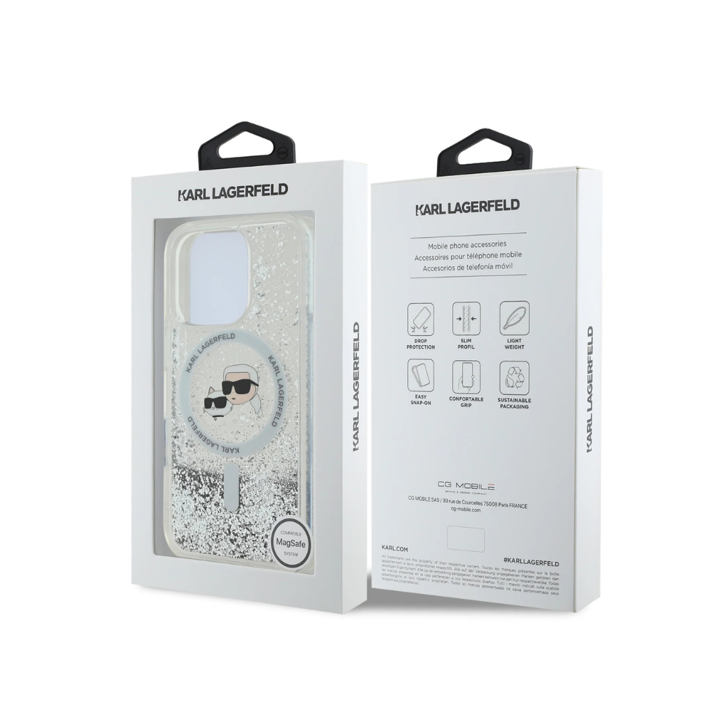 Estuche Karl Lagerfeld Hc MagSafe Liq. Glitter Kc Heads Transparent para iPhone 16 Pro
