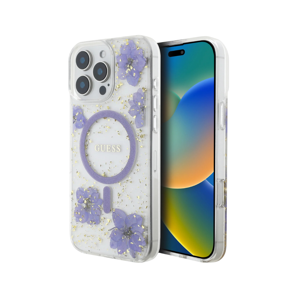 Estuche GUESS MagSafe Resin Flowers Purple iPhone 16 Pro
