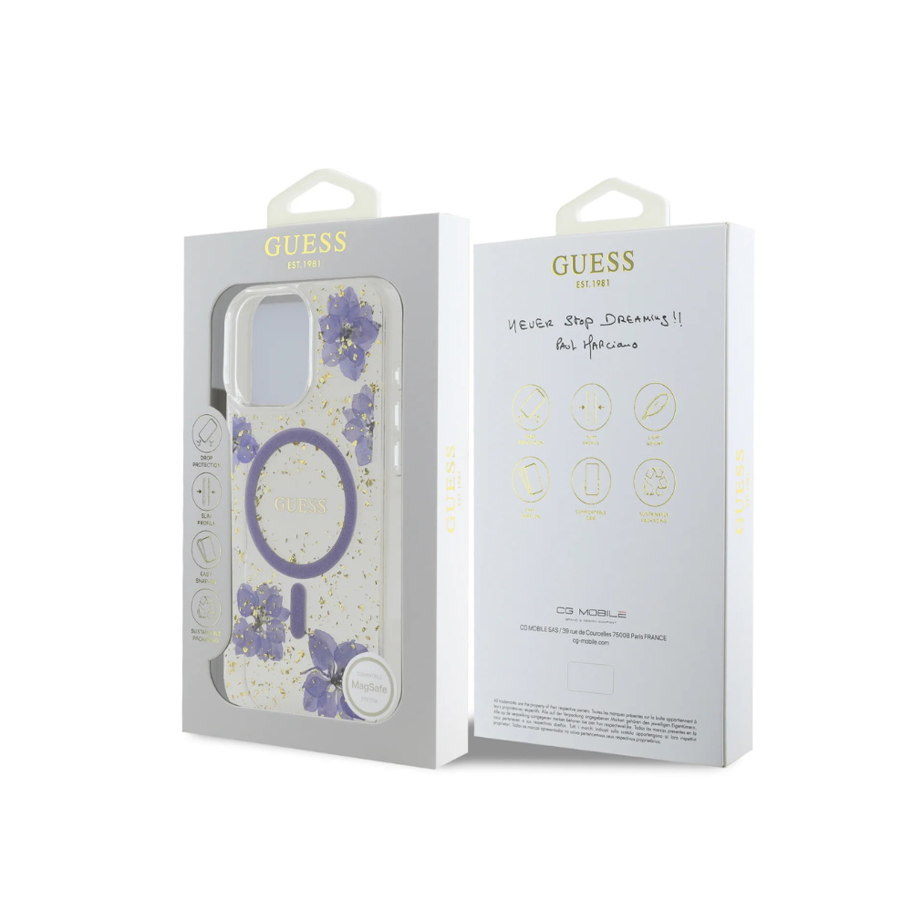 Estuche GUESS MagSafe Resin Flowers Purple iPhone 16 Pro