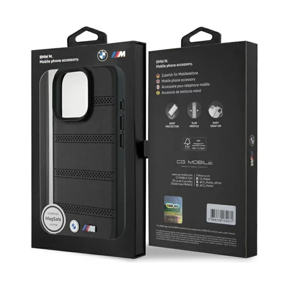 Estuche BMW Hc M MagSafe Pu Perforated And Stitched Lines Black para iPhone 16 Pro